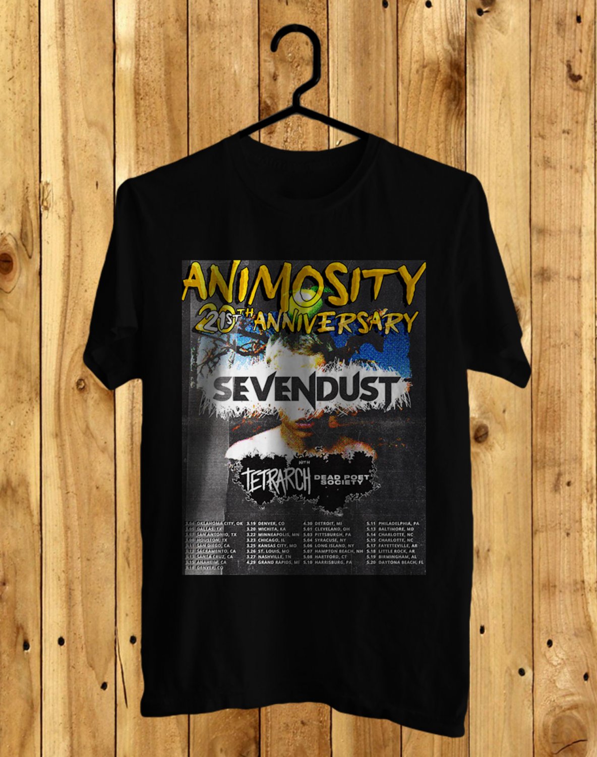 SEVENDUST ANIMOSITY 21ST ANNIVERSARY TOUR DATES 2022 FRONT SIDE BLACK TEE SHIRT V01