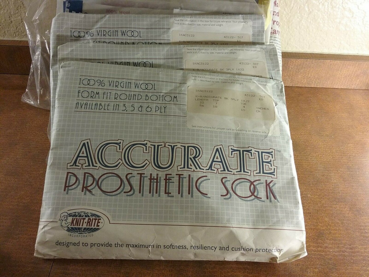 1KAC3122 knit-rite 100% Virgin Wool 3 ply prosthetic sock new in pkg lot of 3 L1