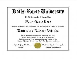 Diploma for Rolls Royce luxury vehicle owner