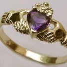 9ct Yellow Gold Claddagh Ring - Amethyst size 7 1/2