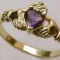 9ct Yellow Gold Claddagh Ring - Amethyst size 7 1/2