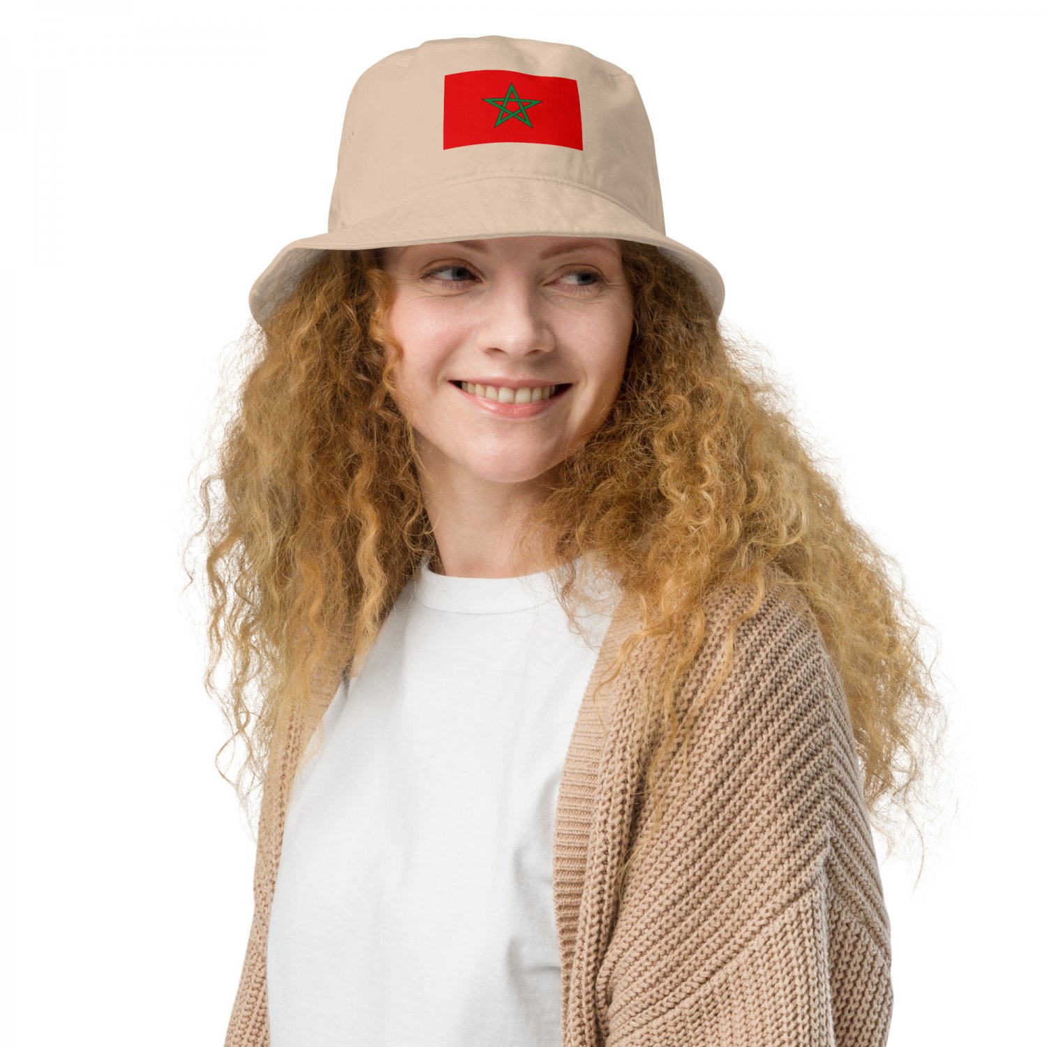 Organic Cotton Bucket Hat with Flag Morocco Kingdom Logo, Moroccan Pride Hat
