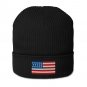 Organic Ribbed Beanie with USA Flag | Eco-Friendly American Winter Hat | Unisex Patriotic Knit Cap