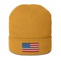 Organic Ribbed Beanie with USA Flag | Eco-Friendly American Winter Hat | Unisex Patriotic Knit Cap