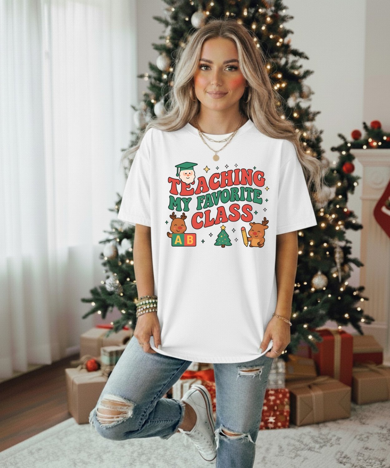 Teaching My Favorite Class Christmas Shirt Funny Teacher Santa & Reindeer Perfect Gift for Educators