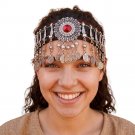 Vintage Amazigh Silver Coin Headband - Handmade Moroccan Headdress with Red Gem