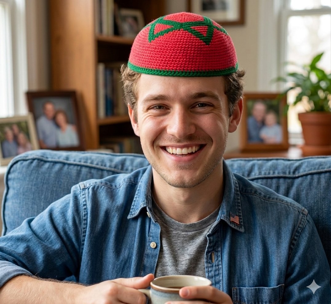 Handmade Moroccan Kufi Men's Knitted Hat, Crochet Cap with Morocco Flag