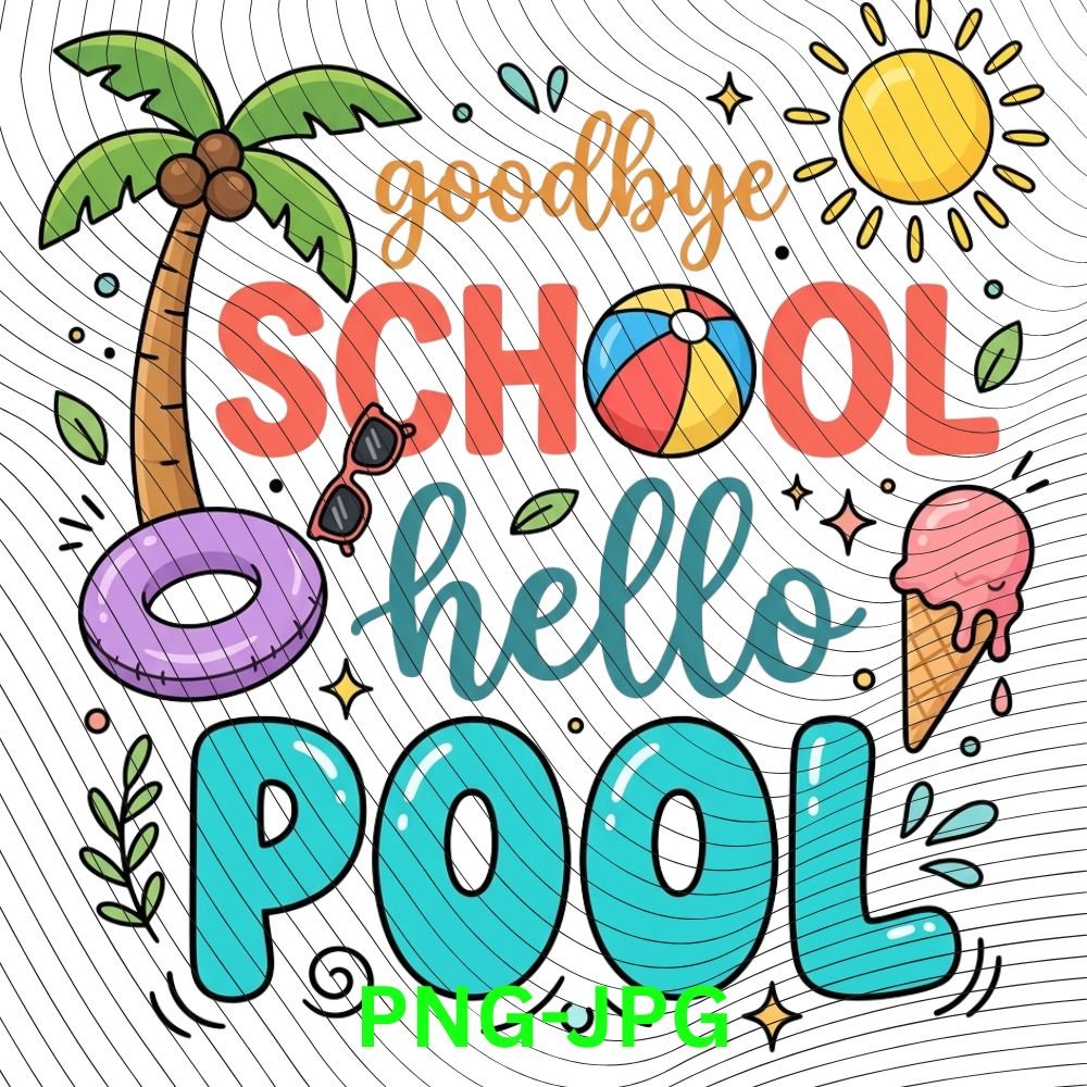 Goodbye School Hello Pool PNG: End of School Year Summer Vacation png Last Day School Humor Clipart