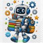 Back to School Robots PNG: Friendly Robot Books Pencils Backpack Gears Stars Classroom Clipart