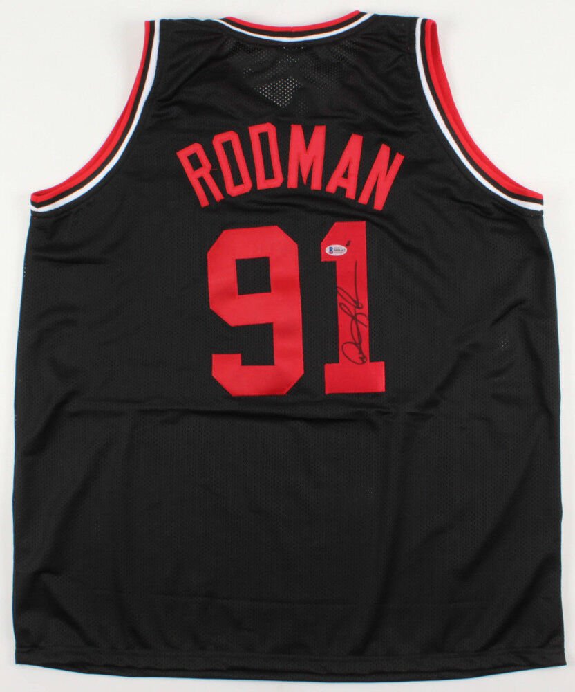 Dennis Rodman Signed Black Chicago Bulls Jersey (Beckett COA) Leading ...