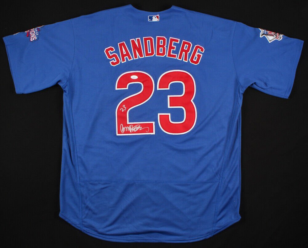 Ryne Sandberg Signed Chicago Cubs Majestic Jersey w/ World Champ Patch ...