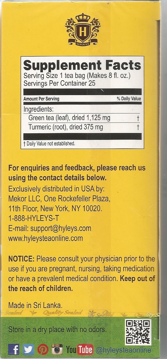 Hyleys Turmeric With Green Tea Herbal Supplement 25 Tea Bags