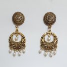 Antique look oxidized gold plated Flower stud with Pearl White beaded Chandbali drops earring