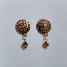 Gold plated oxidized Flower stud with Tiger's Eye round semi-precious stone bead drops earrings