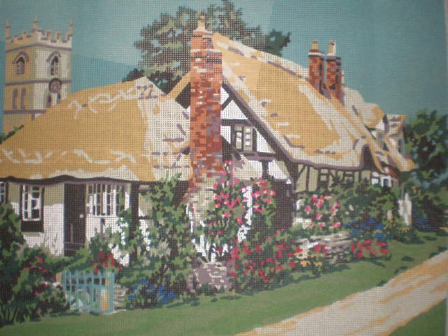 Penelope "Country Lane" Cottage with Church Steeple in the Background Needlepoint Starter Kit