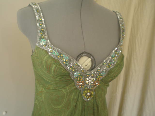 Green paisley swirl beaded floor length formal dress