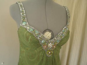 Green paisley swirl beaded floor length formal dress