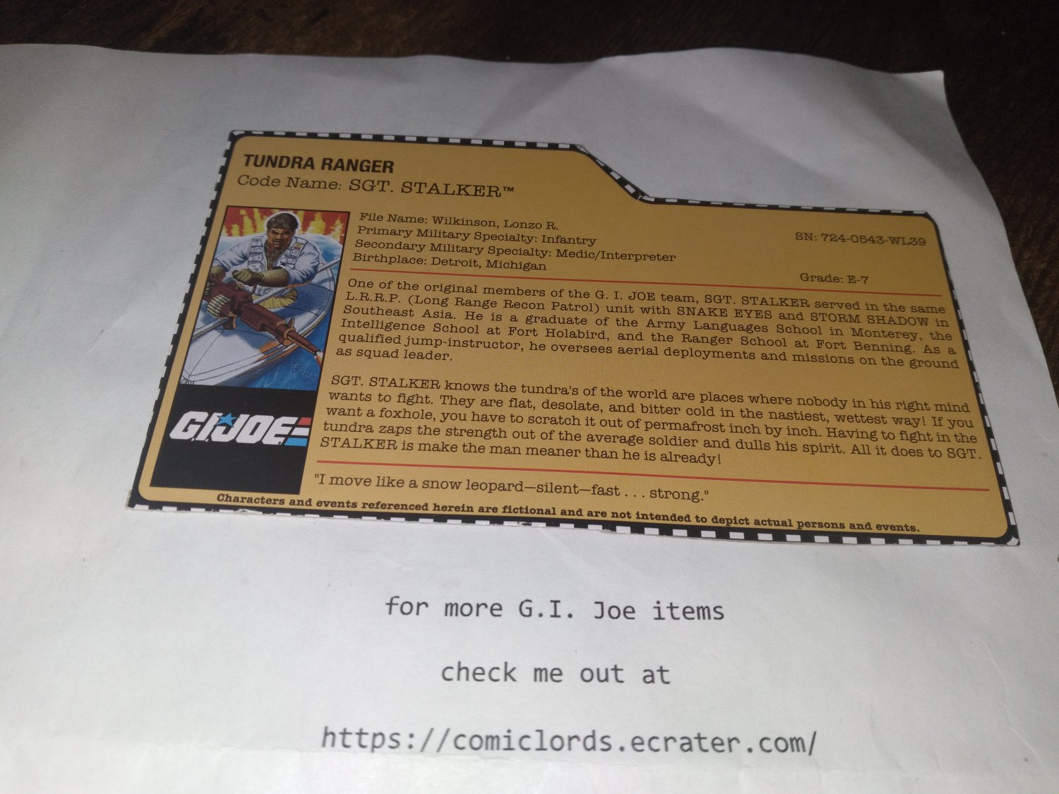 Sgt Stalker Tundra Ranger Filecard FSS Collectors Club GI Joe G.I. Joe File Card