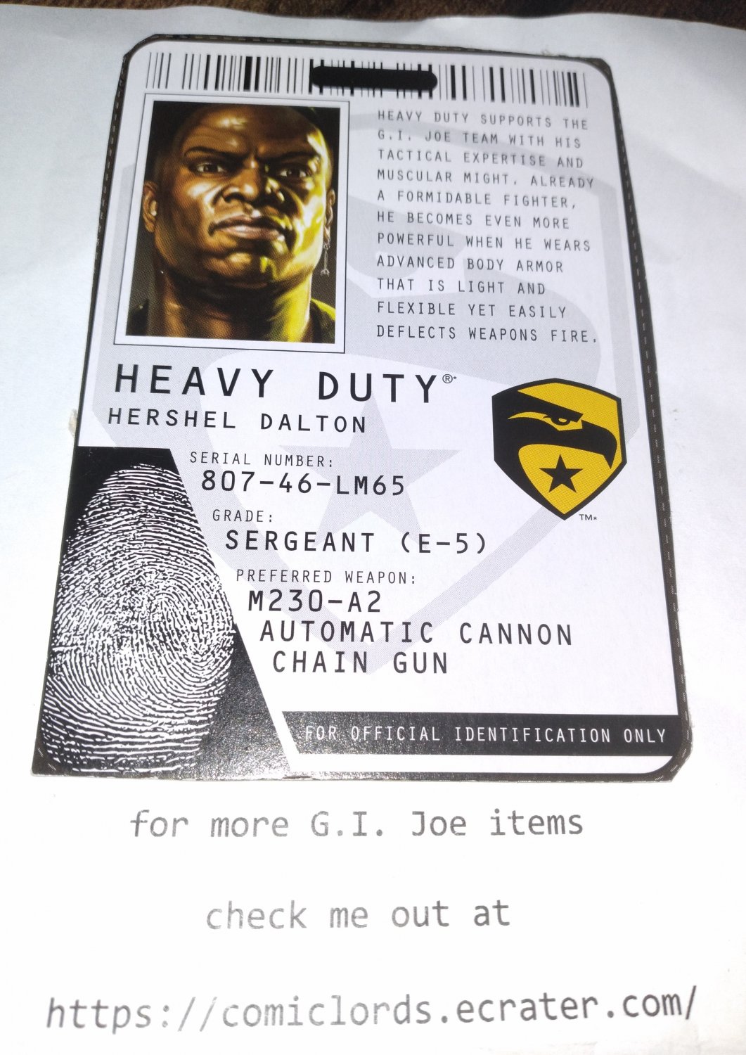 Heavy Duty V10 Filecard Rise of Cobra ROC GI Joe G.I. Joe File Card GIJOE