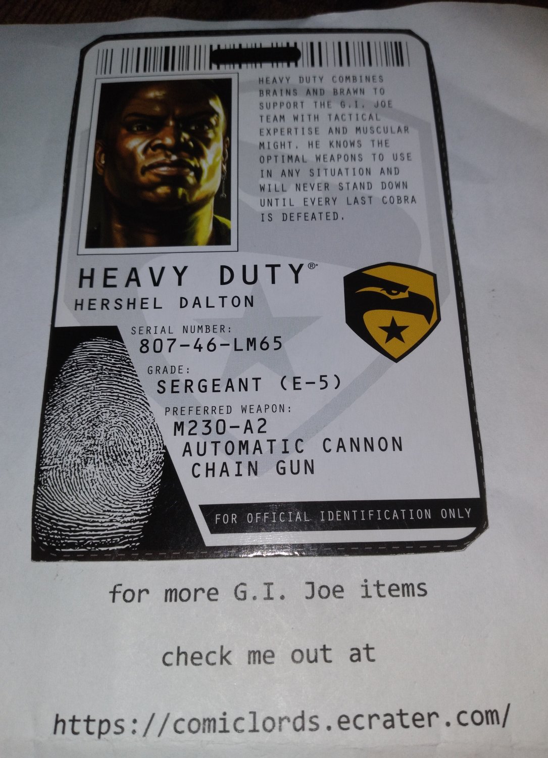 Heavy Duty V11 Filecard Rise of Cobra ROC GI Joe G.I. Joe File Card GIJOEE