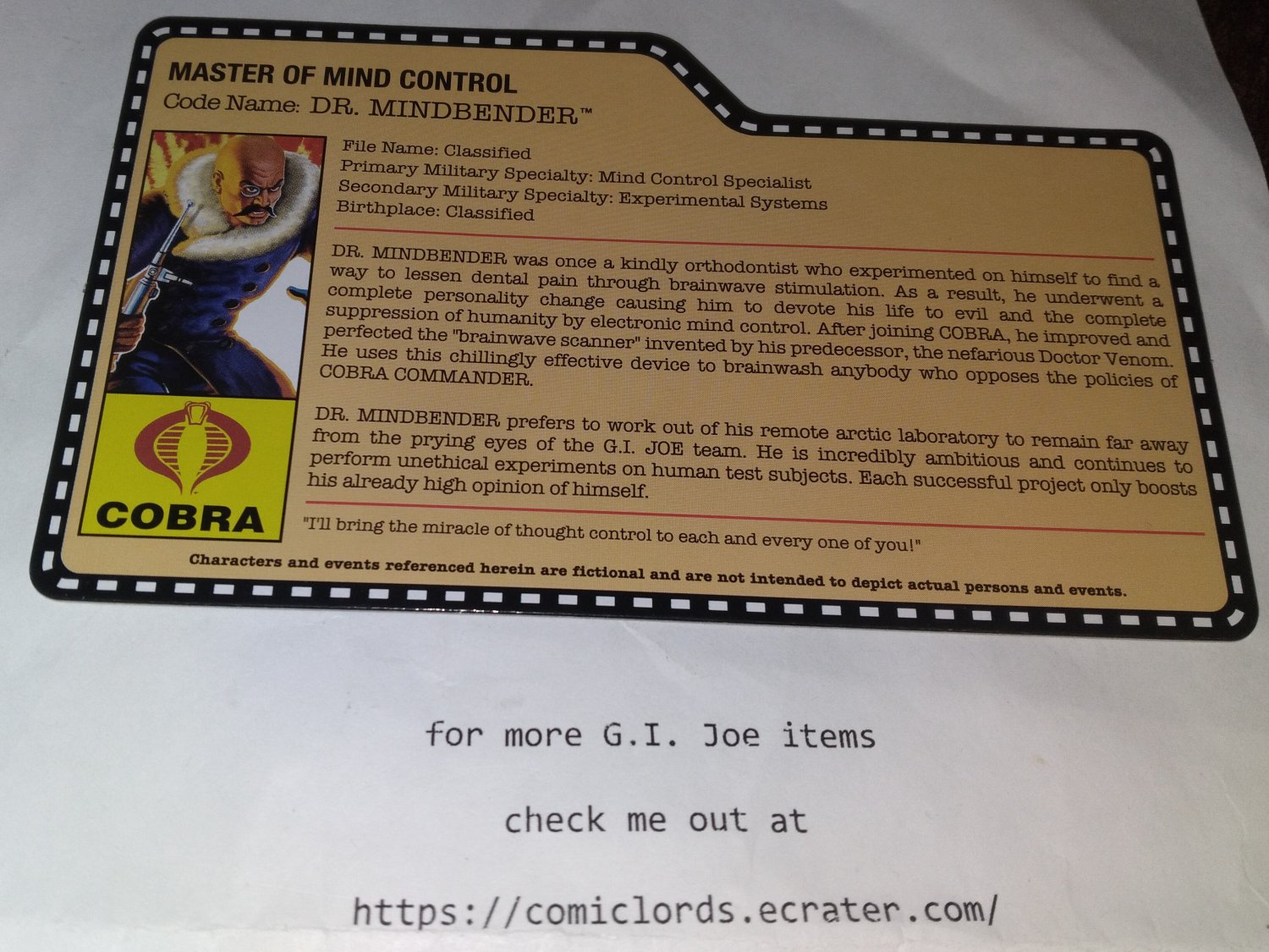 Arctic Dr Mindbender V7 Filecard G.I. Joe Collectors Club FSS GI Joe File Card