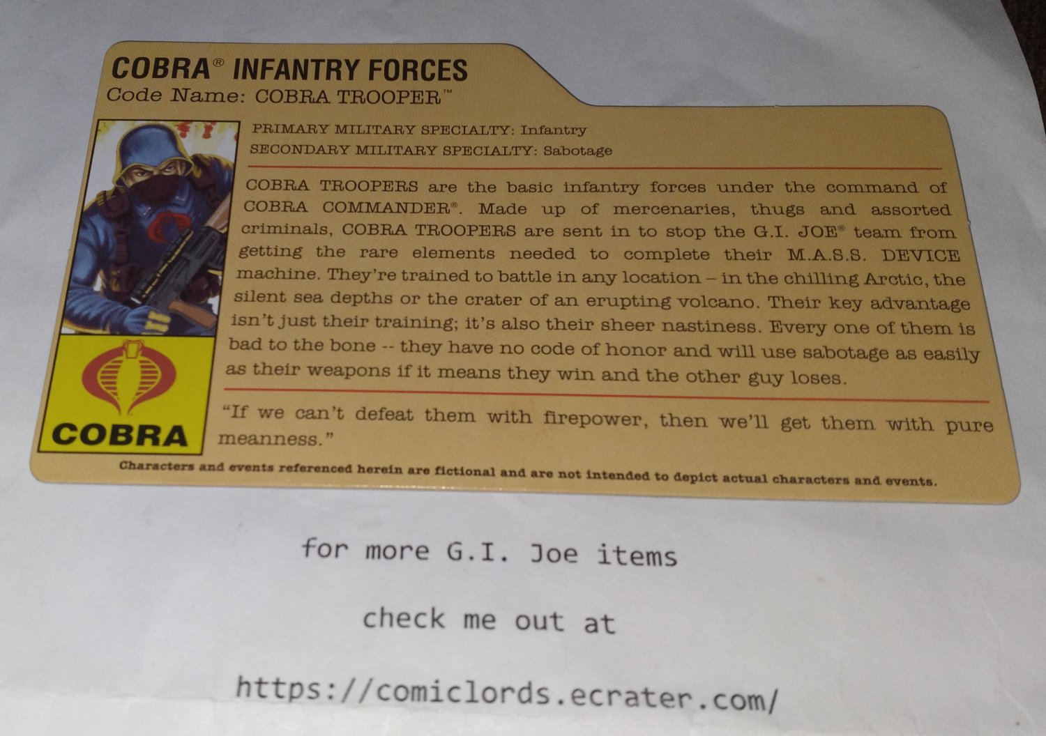 Cobra Trooper V8 Filecard 25th Ann G.I. Joe GI Joe DVD Battles 1 File Card