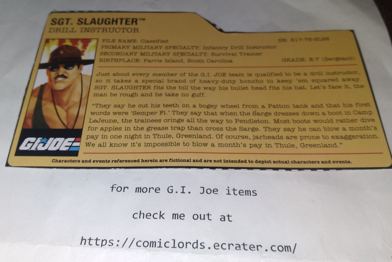 Sgt Slaughter V6A File Card SDCC Comicon Excl GIJOE G.I. Joe GI JOE Filecard