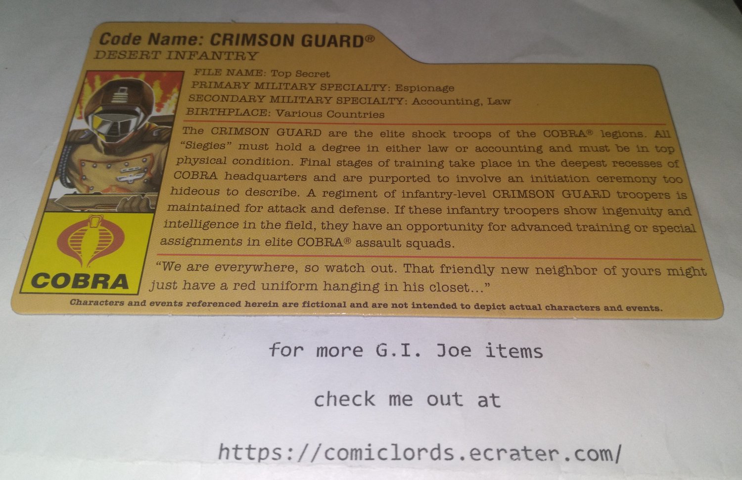 Crimson Guard V13A Filecard Extreme Conditions Desert Assault GI Joe File Card