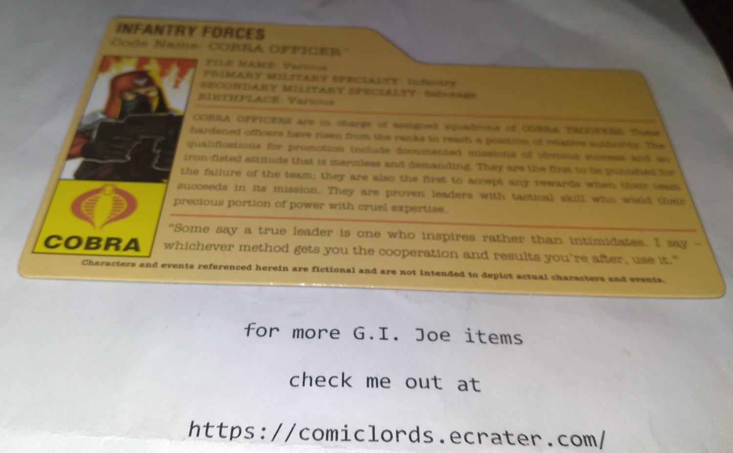 Cobra Officer V10 Filecard Resolute 2009 G.I. Joe GI JOE File Card