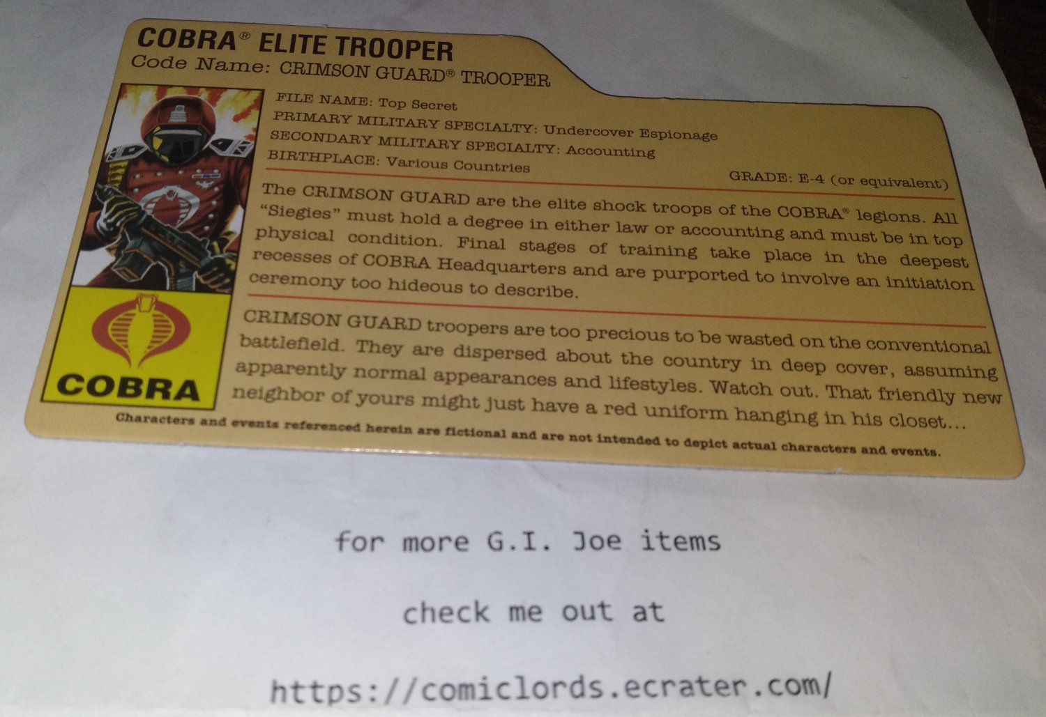Crimson Guard Trooper V11 FileCard TRU Senior Ranking Officers  GI Joe File Card