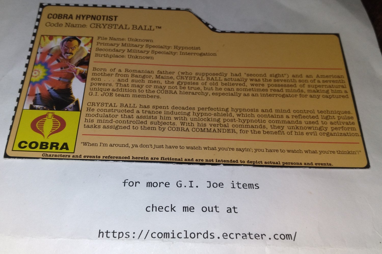 Crystal Ball V2 Filecard From G.I. Joe Collectors Club FSS GI Joe File Card