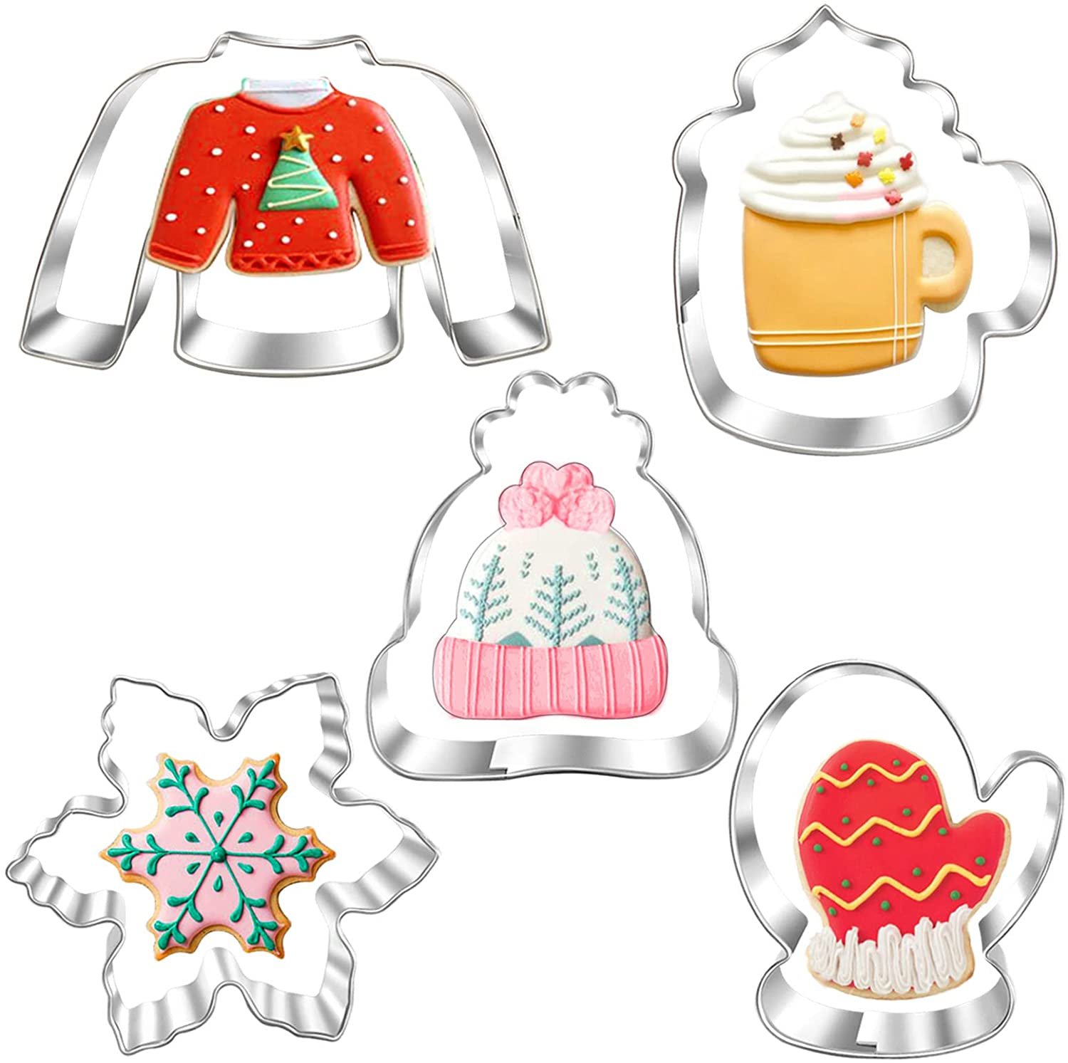 New Winter Christmas Cookie Cutter Set-5 Piece-Ugly Sweater, Hat, Mitten, Snowfl