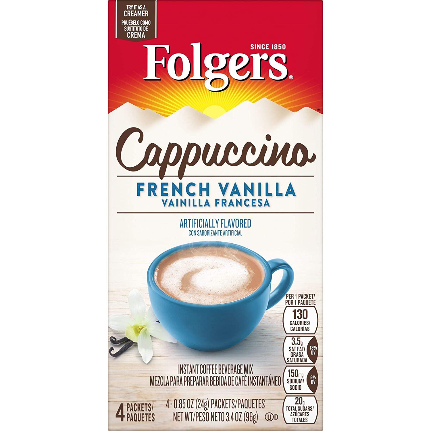 Folgers Cappuccino French Vanilla Instant Coffee Beverage Mix, 4 Single Serve Pa