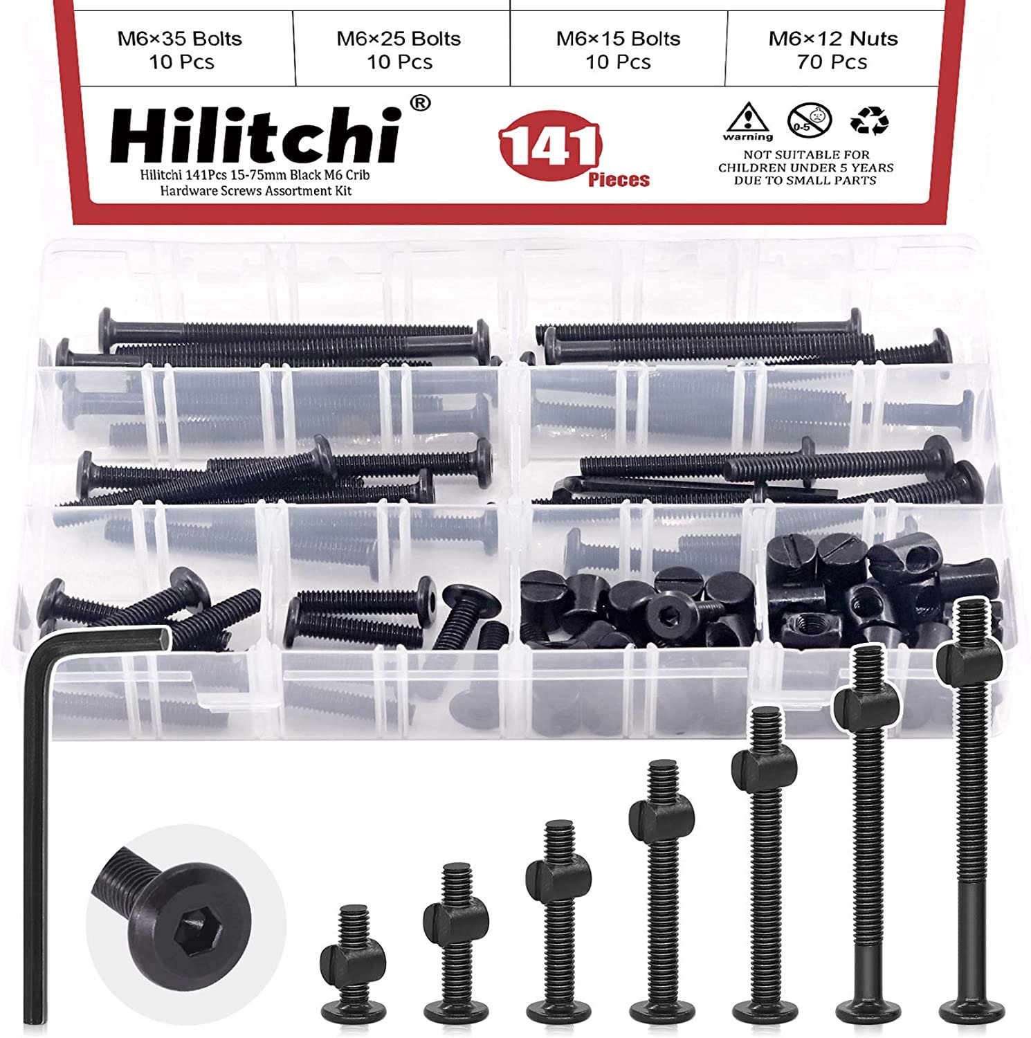 Hilitchi M6 140Pcs Black Hex Socket Head Screws Bolts Barrel Nuts Hardware Assor