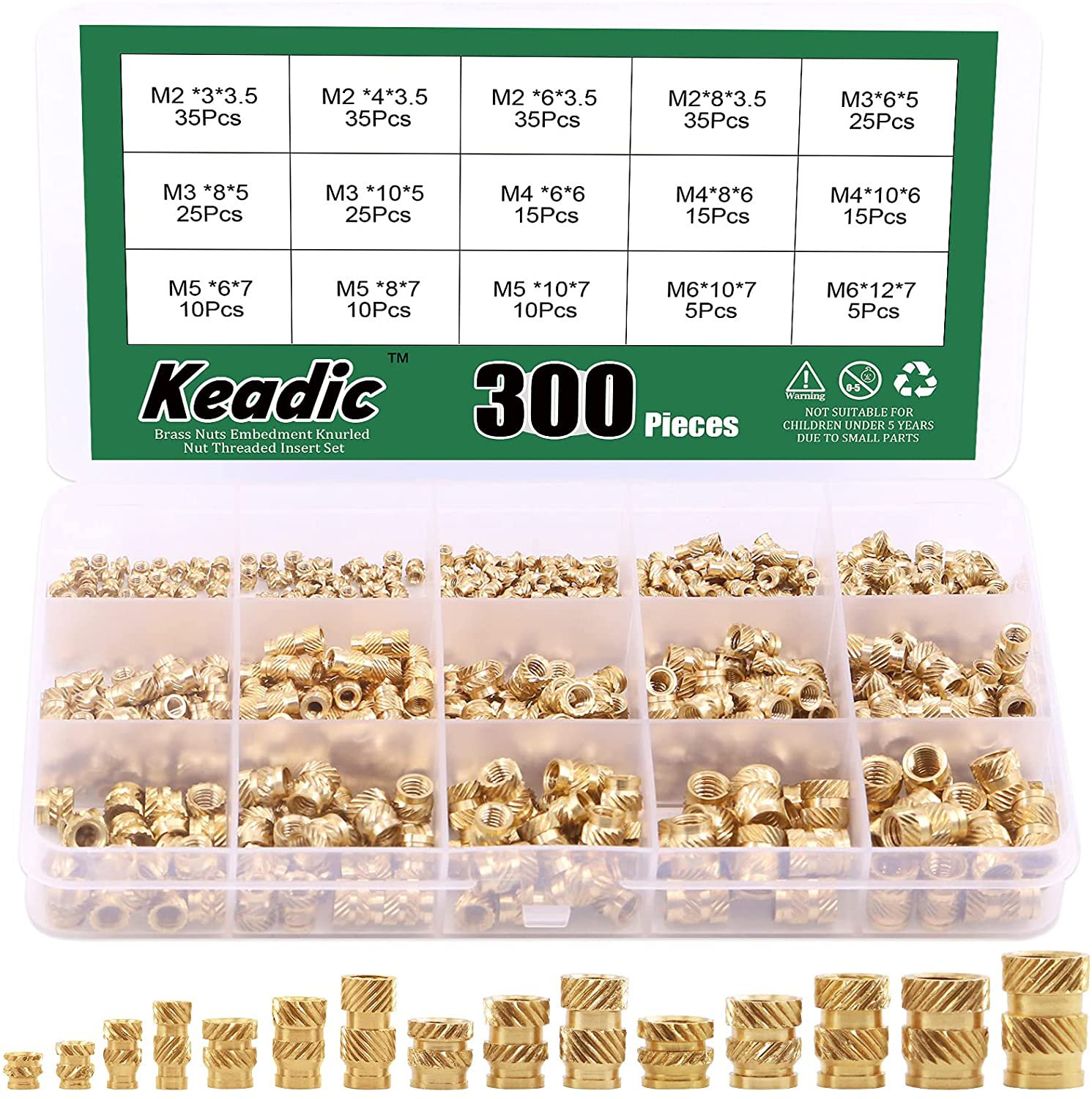 Keadic 300 Pcs M2 M3 M4 M5 M6 Brass Embedment Nut Assortment Kit, Female Thread