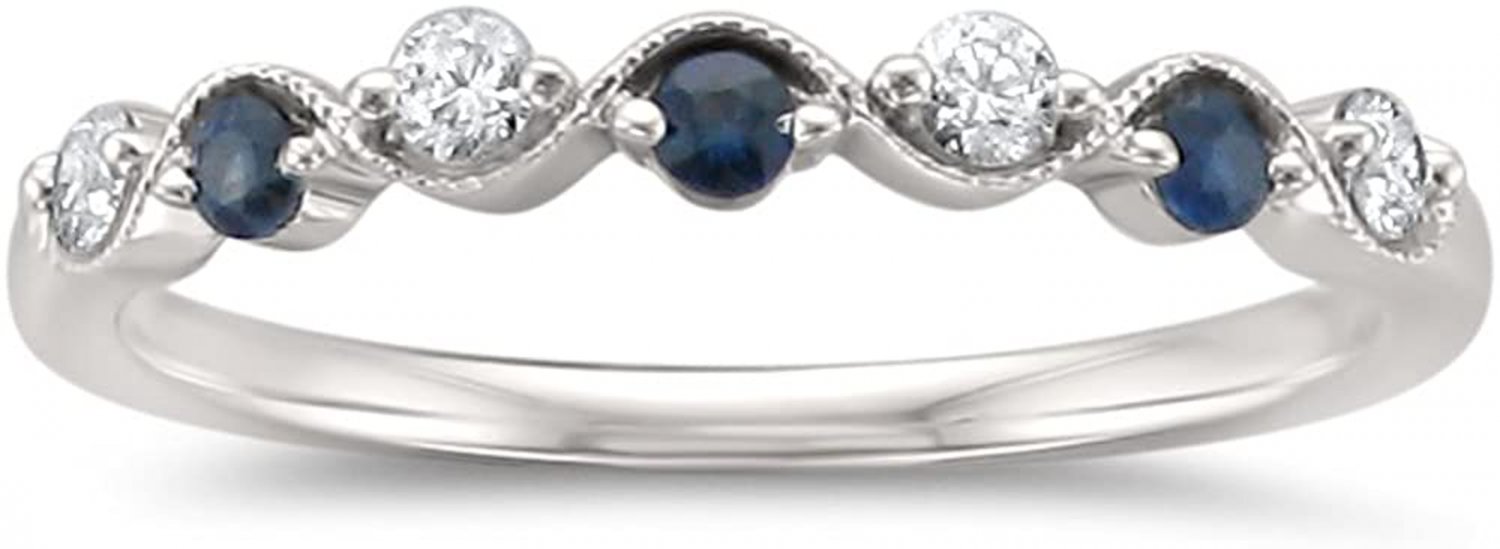 14K White Gold 7-Stone round Diamond & Blue Sapphire Wedding Band Ring (1/4 Cttw