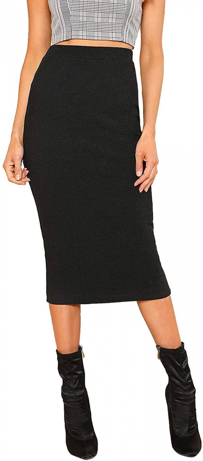 Shein Women'S Elegant Plain Stretchy Ribbed Knit Midi Full Length Basic Pencil S
