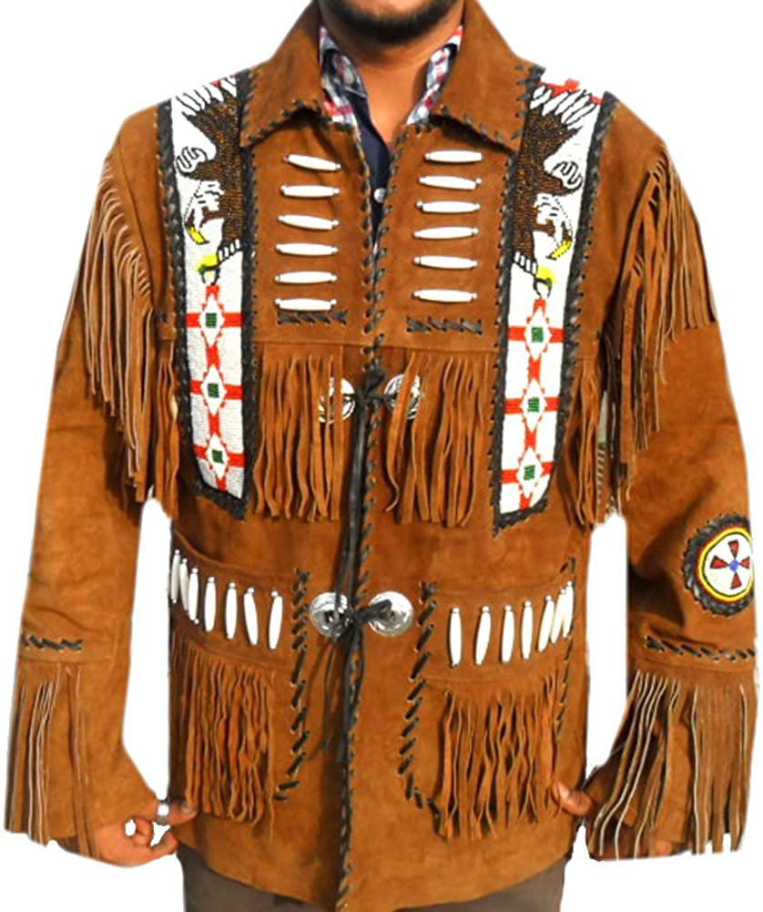 Classyak Western Suede Leather Jacket Brown, Fringed Bones & Beads, Xs-5Xl
