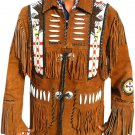 Classyak Western Suede Leather Jacket Brown, Fringed Bones & Beads, Xs-5Xl