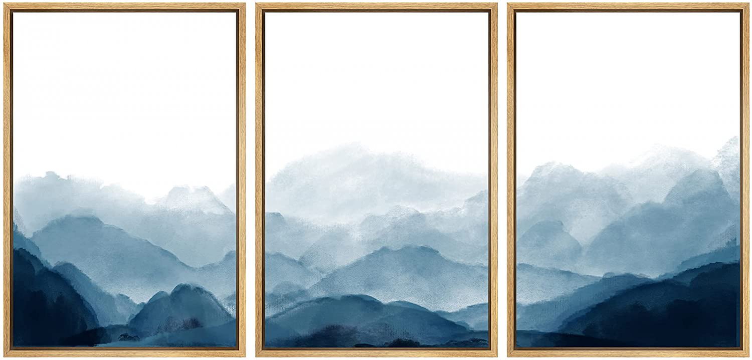 SIGNWIN Framed Canvas Print Wall Art Blue Watercolor Mountains in Fog Nature Wil