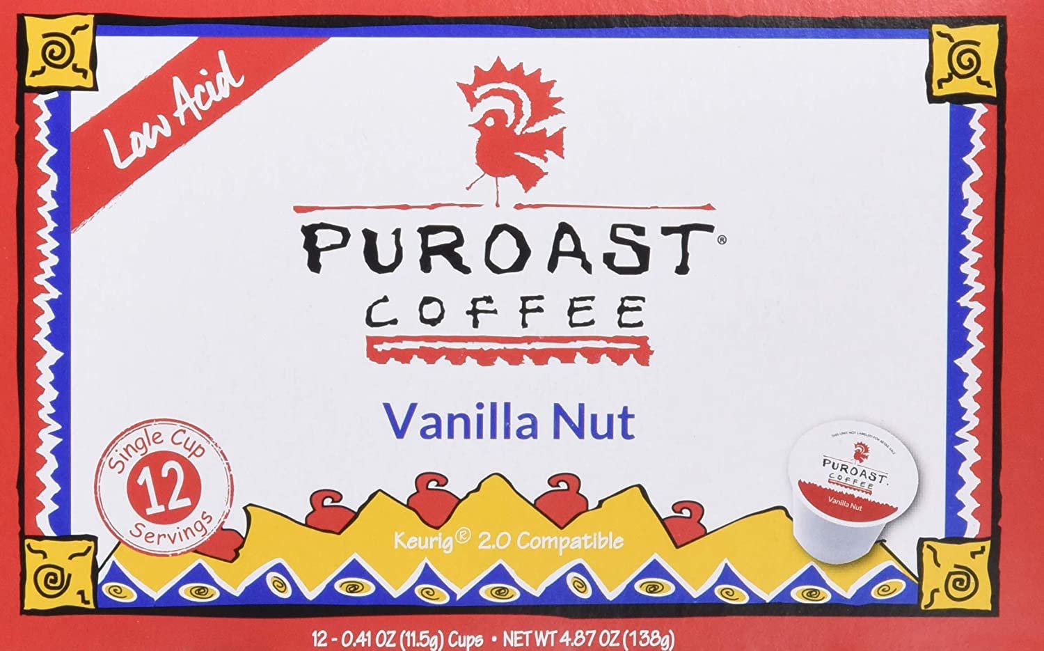 Puroast Low Acid Coffee Single-Serve Pods, Vanilla Nut, High Antioxidant, Compat