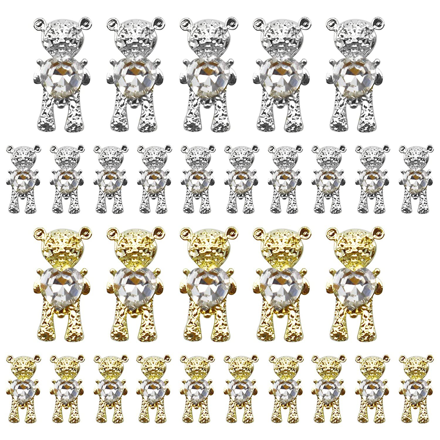 FFCC Shiny Alloy Bear 3D with Heart Crystal Nail Decoration,30 Pieces Heart-Shap