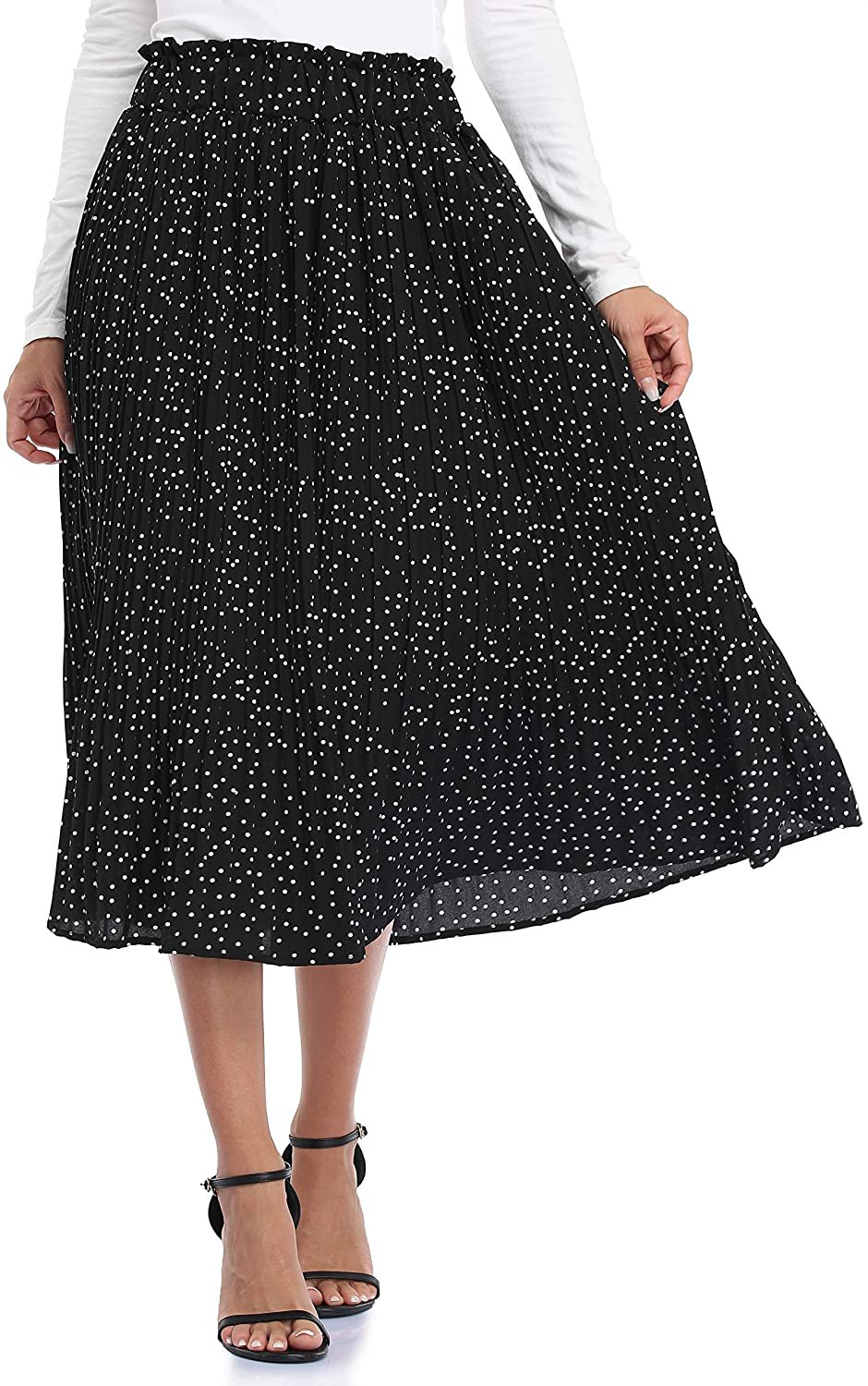 Floating Time Polka Dot Midi Skirt Long Pleated Skirt Hight Waist Swing Skirts w