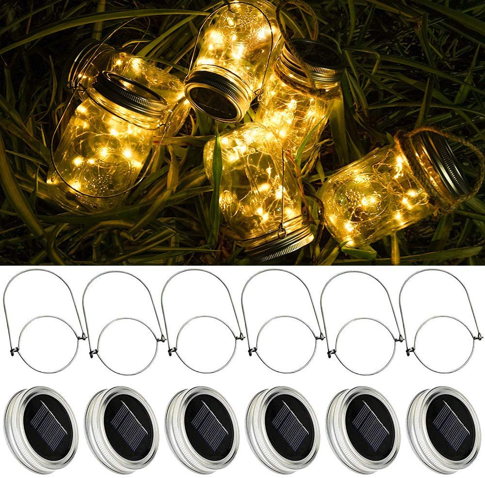 Solar Mason Jar Lid Lights [Updated], 6 Pack 15 LED Waterproof Fairy