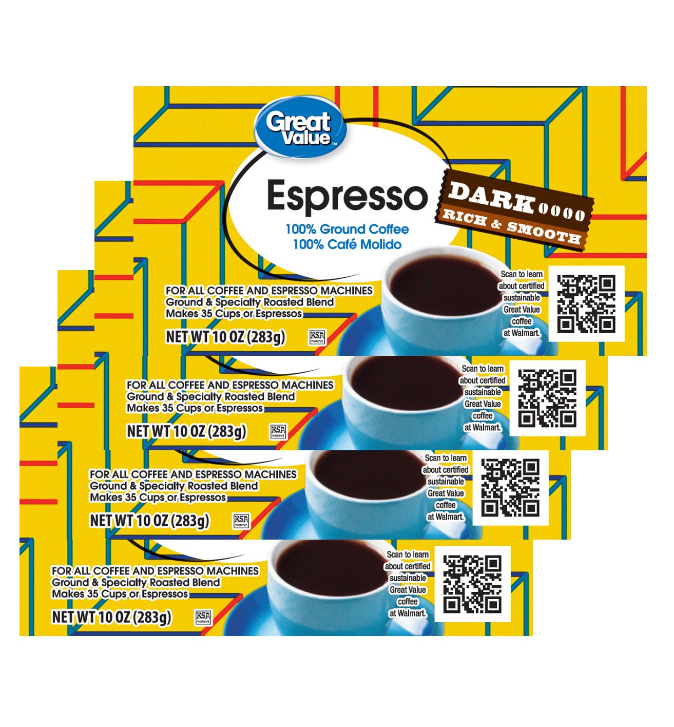 Great Value Espresso Ground Coffee Dark Rich & Smooth 10 Oz Brick 4 Bricks
