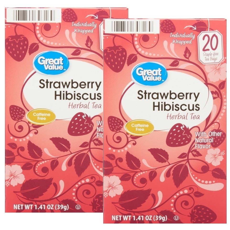 Great Value Strawberry Hibiscus Herbal Tea 1.41 Oz, 20 Bags Box (Pack of 2)