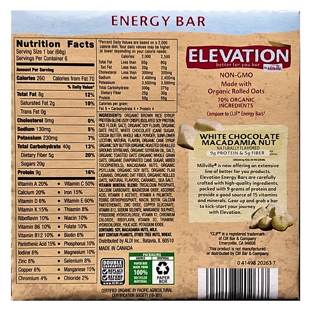 Elevation White Chocolate Macadamia Nut Protein Bar 9g Protein 6 Bars !4.4 Oz