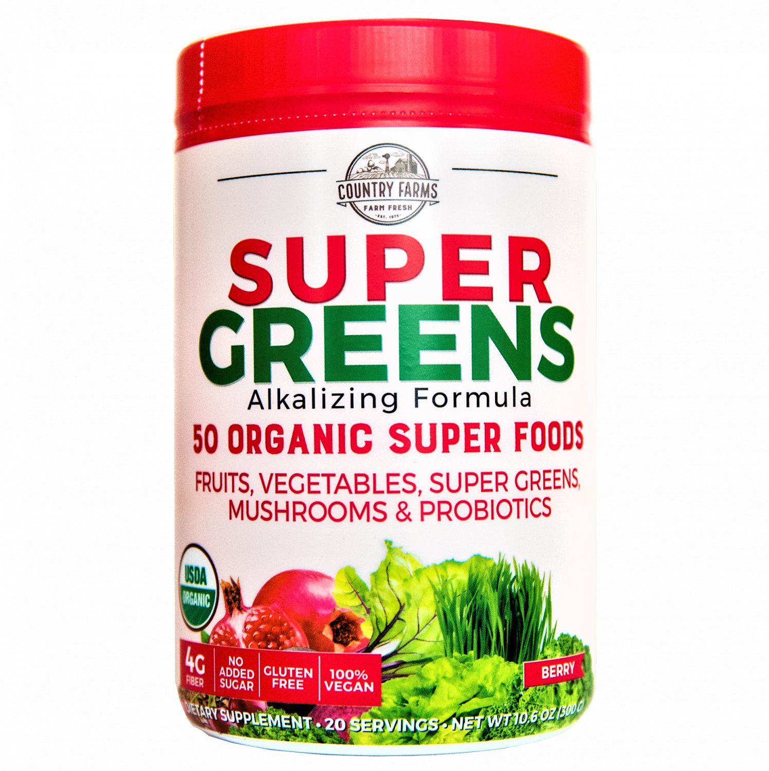 Country Farms Super Greens Drink Mix, Berry Flavor, 10.6 oz 20 Servings