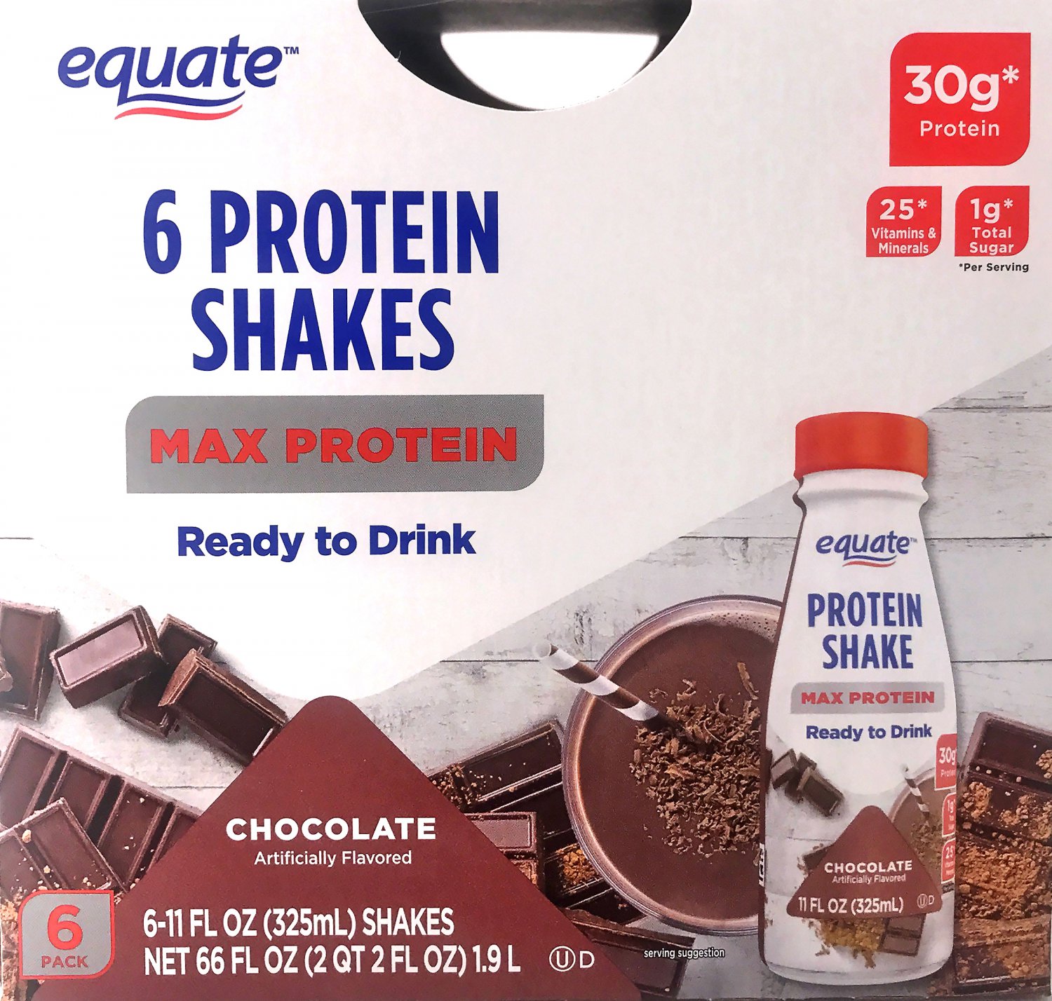 Equate Protein Shakes Max Protein Chocolate 30g Protein 1g Sugar 6 Bottles