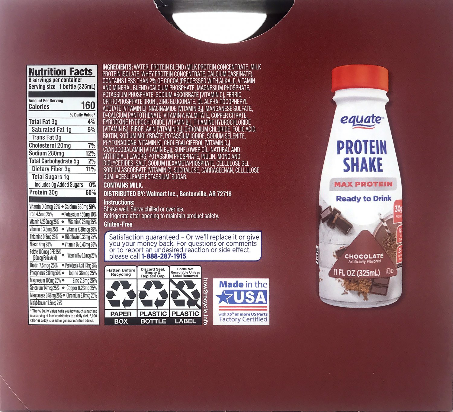 Equate Protein Shakes Max Protein Chocolate 30g Protein 1g Sugar 6 Bottles